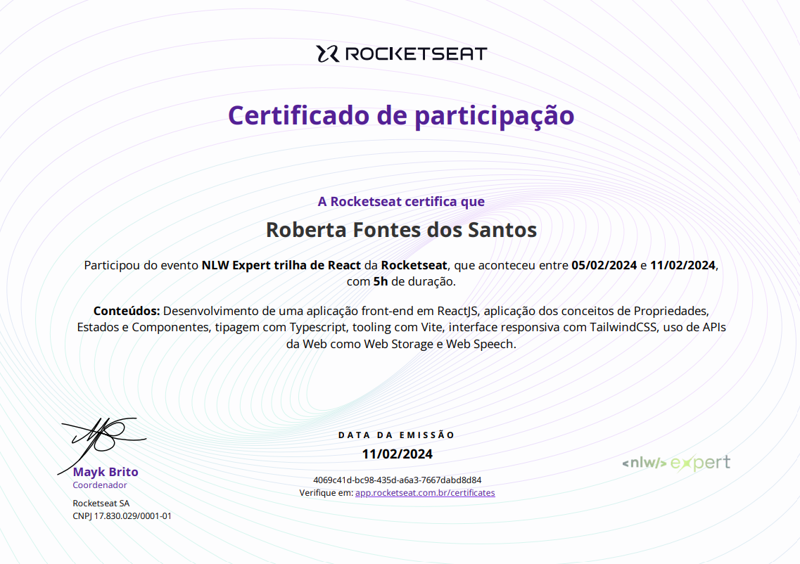 Certificado de Participação Trilha de React